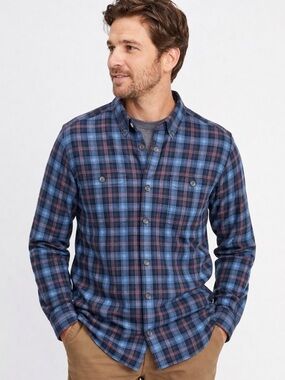 Duluth Trading Co Men's Free Swingin Flannel Blue Plaid Shirt, L Slim Fit EUC